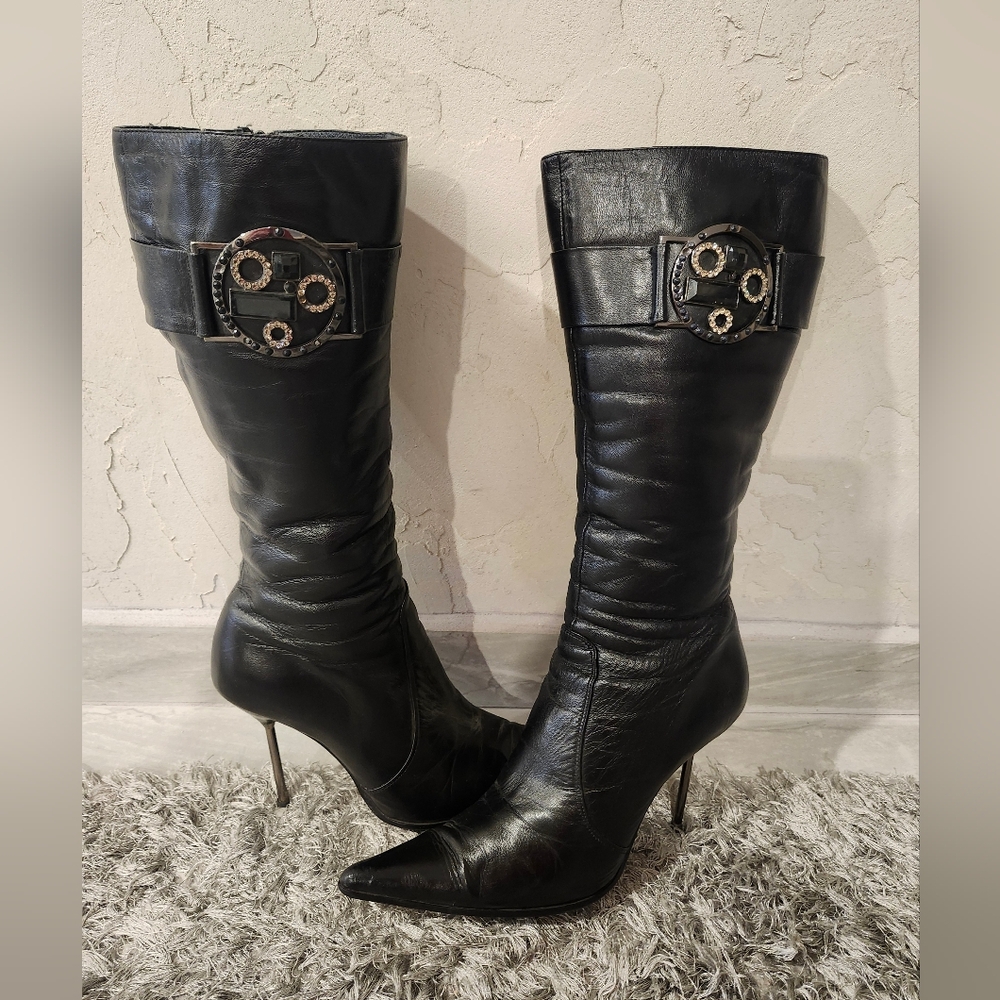 BASCONI black leather high pointed toe boots Europe size 39, US size 8.5-9